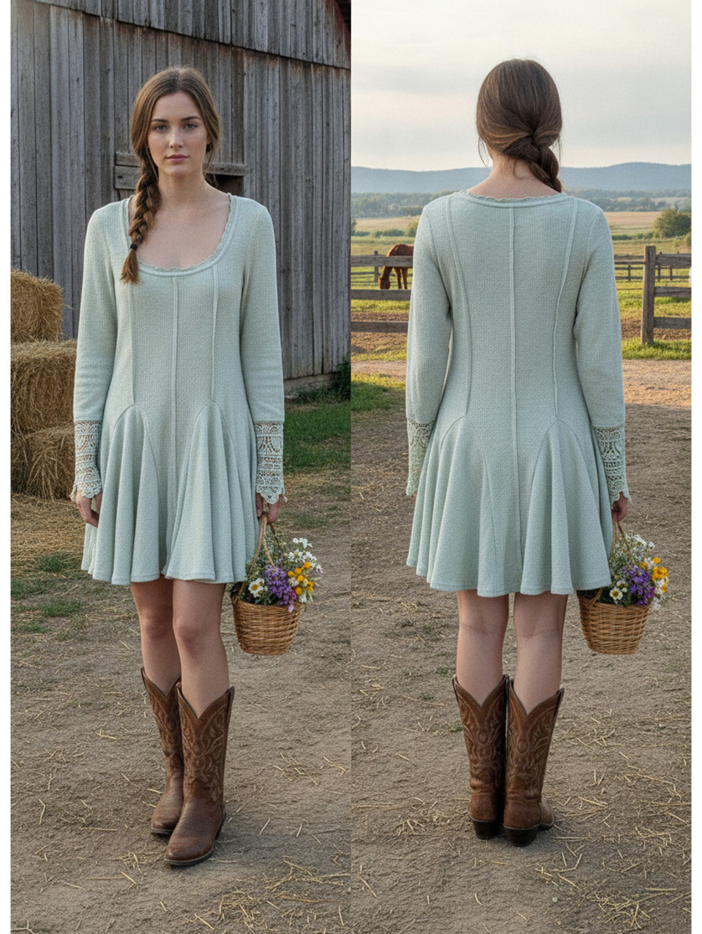 1586 - Free People Light Green Long Sleeve Lace Cuff Dress